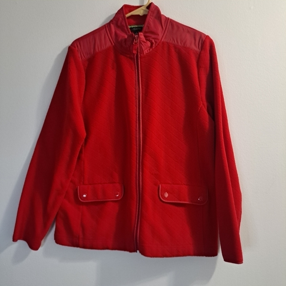 Talbots Red Quilt Detail Fleece Zip-Up Jacket Sz Large Fall Winter Outdoor Wear